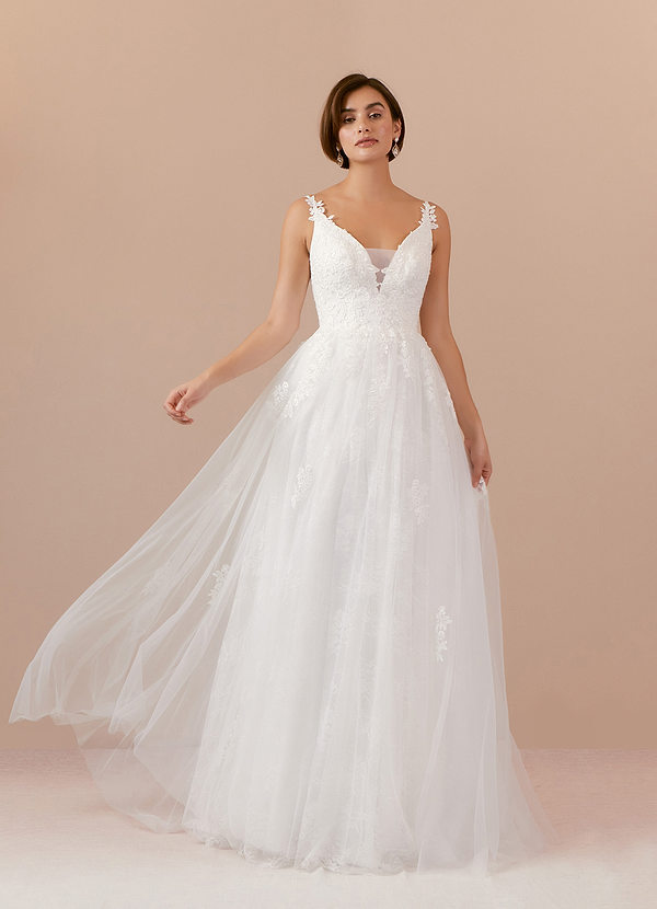 Azazie Jolene Brautkleider A-Linie Spitze Tüll Kleid Diamantweiß image1