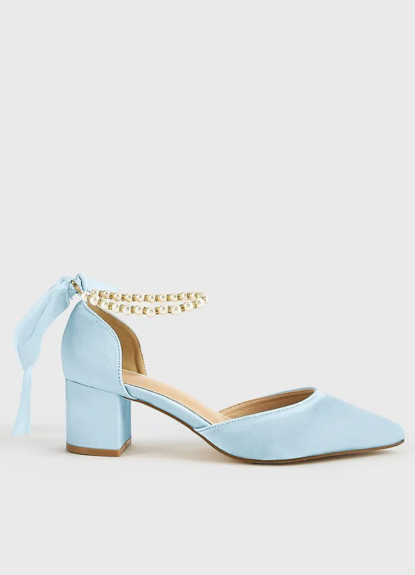 front Matching Color Matte Satin Pearl and Bow Pointed Toe Block Heels