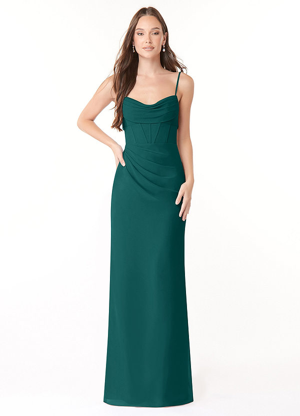 Azazie Mai Bridesmaid Dresses Peacock Sheath Pleated Chiffon Dress image1