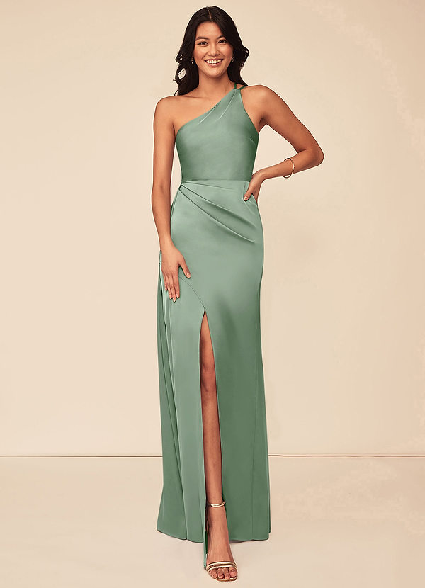 Azazie Maron Bridesmaid Dresses Matcha A-Line One Shoulder Stretch Satin Dress image1