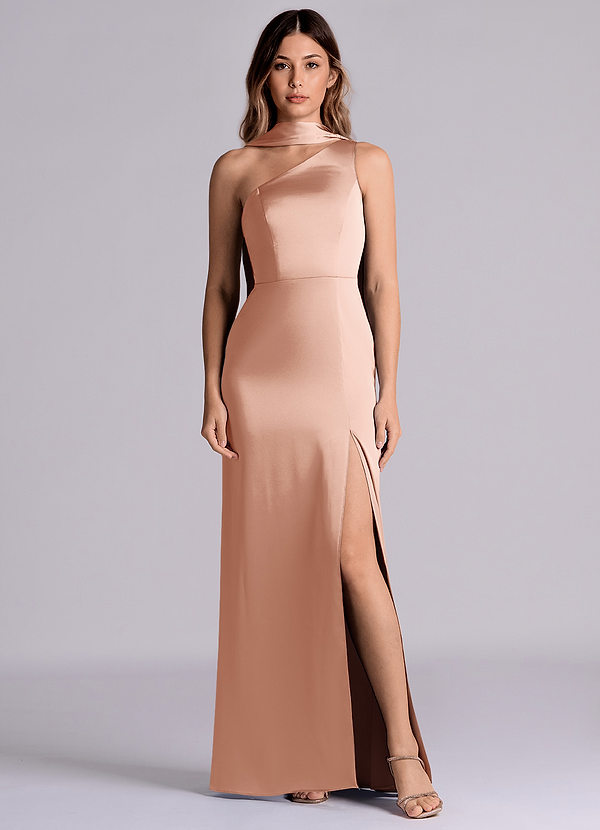 Azazie Philana Bridesmaid Dresses Rose Gold A-Line One Shoulder Stretch Satin Dress image1