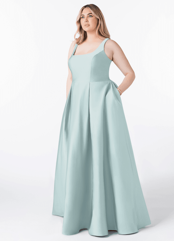 Azazie Neve Bridesmaid Dresses Mist Ball-Gown with Pockets Stretch Satin Dress image1