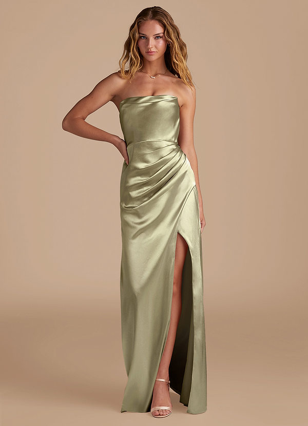 Azazie Leonis Bridesmaid Dresses Moss Green Mermaid Pleated Metallic Satin Convertible Dress image1