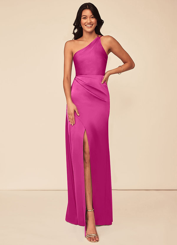 Azazie Maron Bridesmaid Dresses Fuchsia A-Line One Shoulder Stretch Satin Dress image1