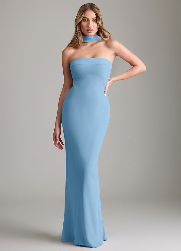 Azazie Lusinda Brudtärneklänningar Klä av Sjöjungfru i Chiffong Av axeln Stålblå Konvertibel image1