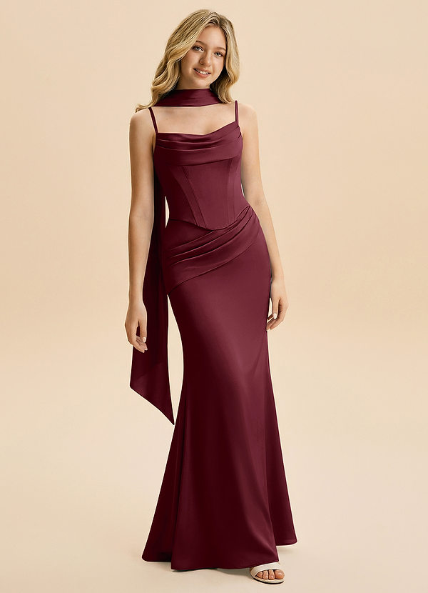 Azazie Sorrel Junior Cabernet Mermaid Ruched Stretch Satin Dress image1