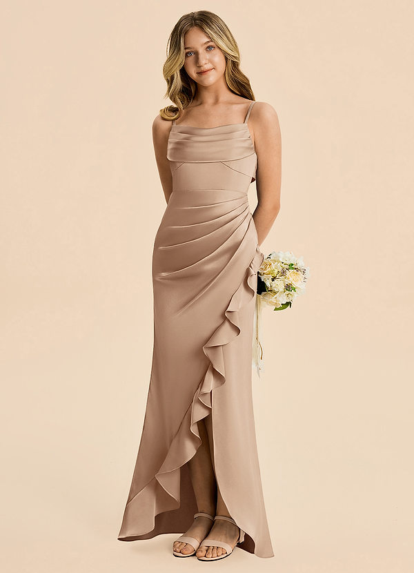 Azazie Mia Junior Robe Sirène en Satin extensible Plissé Taupe image1