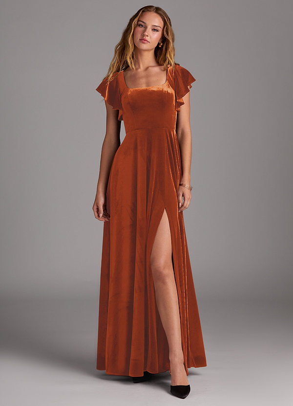 Azazie Bondi Bridesmaid Dresses Burnt Orange A-Line Side Slit Velvet Dress image1