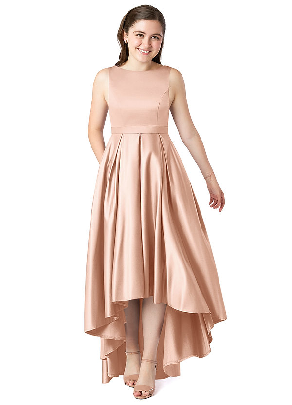 Azazie Inaya Junior Rose Gold A-Line with Belt Stretch Satin Dress image1