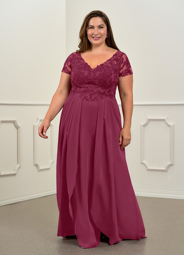 Azazie Dunja Brautmutterkleider A-Linie V-Hals Spitze Chiffon Kleid Maulbeerrot image1