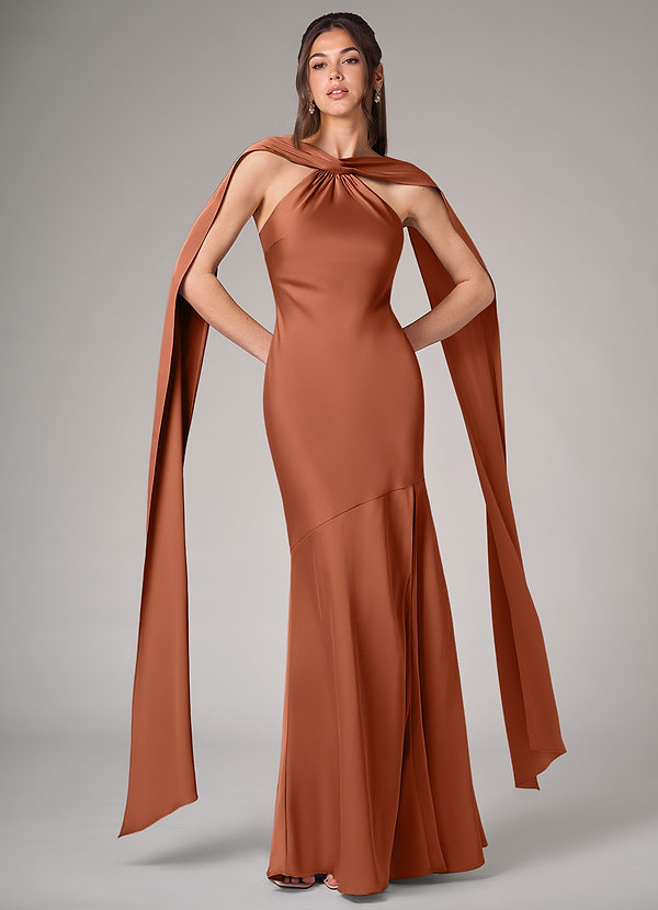 Azazie Kinsley Bruidsmeisjes Jurken Jurk van Stretch Satijn met Zeemeermin Zijsplit Ceder Roos image1