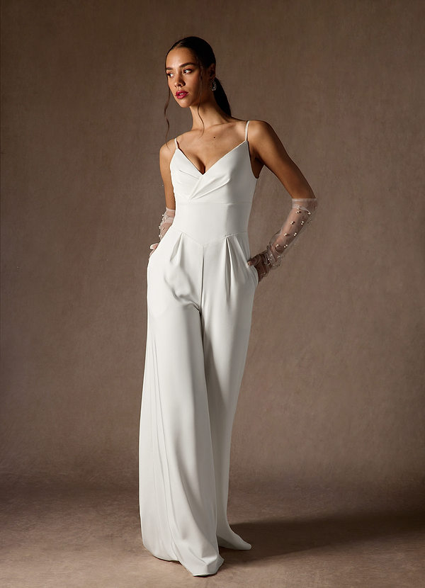 Azazie Ingris Diamond White Pant Styles V-Neck Pleated Crepe Back Satin Dress Ready to Ship