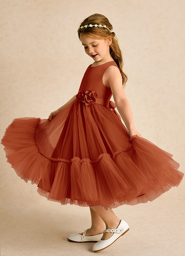 Azazie Miracle Flower Girl Dresses Paprika A-Line Bow Matte Satin Dress image1