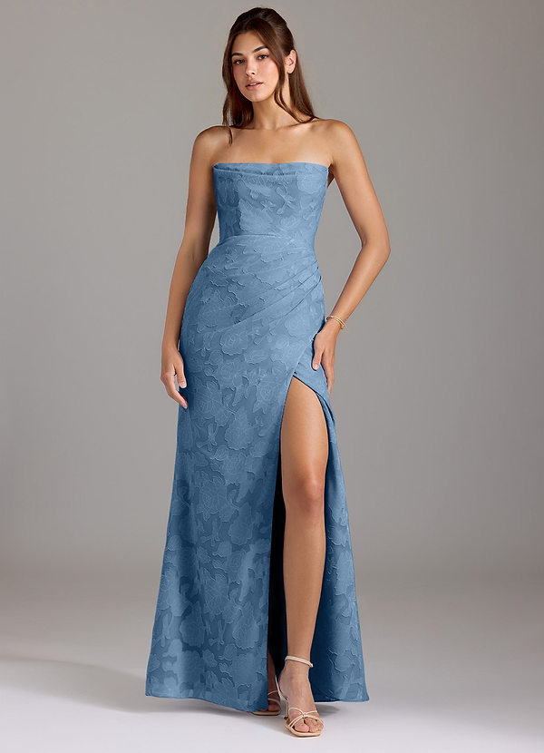 Azazie Leonis Bridesmaid Dresses Steel Blue Sheath Strapless Floral Burnout Convertible Dress image1