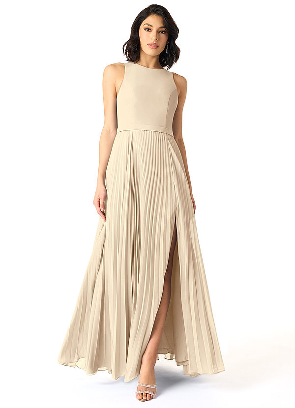 Azazie Lindie Bridesmaid Dresses Champagne A-Line Scoop Pleated Chiffon Dress image1