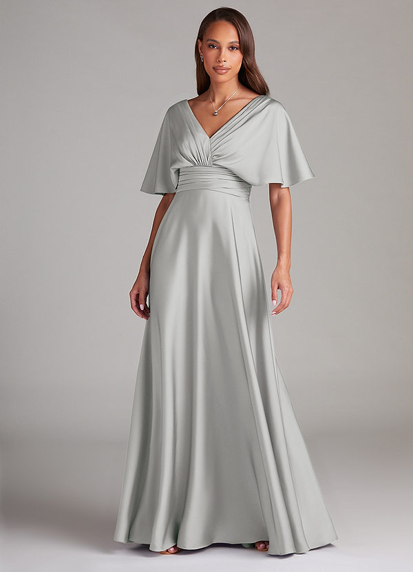 Azazie Pamela Bridesmaid Dresses Silver A-Line Pleated Stretch Satin Dress image1