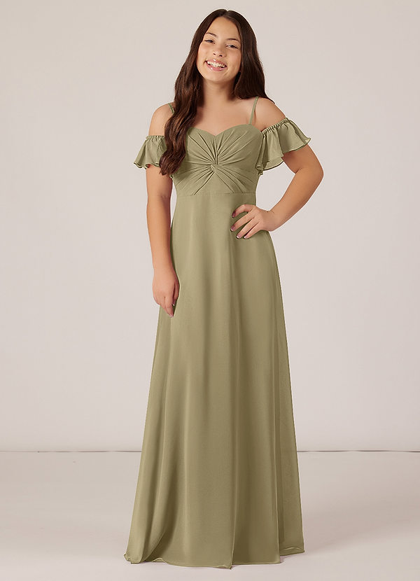 Azazie Juna Junior Robe Trapèze en Mousseline de soie Épaule décolletée Vert Mousse image1