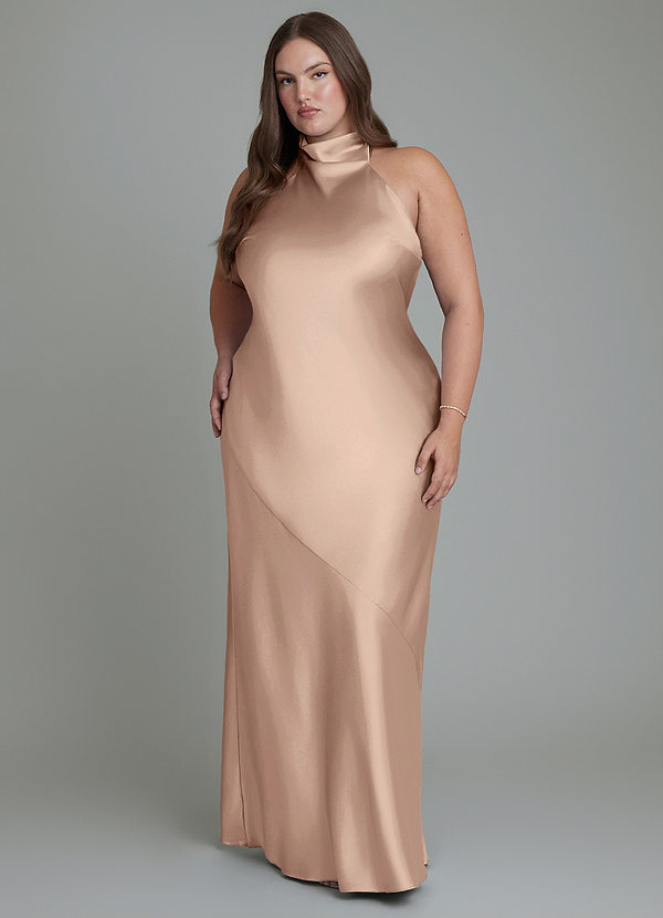 Azazie Velli Vestidos de dama de honor Vestido Gris Pardo de Satén Metálico de Corte Recto con Cuello alto image1