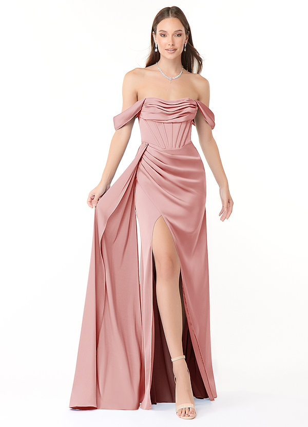 Azazie Amyra Bruidsmeisjes Jurken Converteerbaar Jurk van Stretch Satijn met Zeemeermin Off the Shoulder Poederroze image1