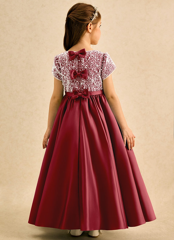 Azazie Cashew Flower Girl Dresses Pomegranate Ball-Gown with Sleeves Matte Satin Dress image1