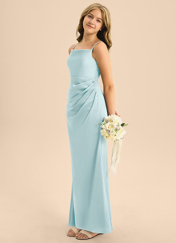 Azazie Renna Junior Sea Glass A-Line Pleated Stretch Satin Dress image1
