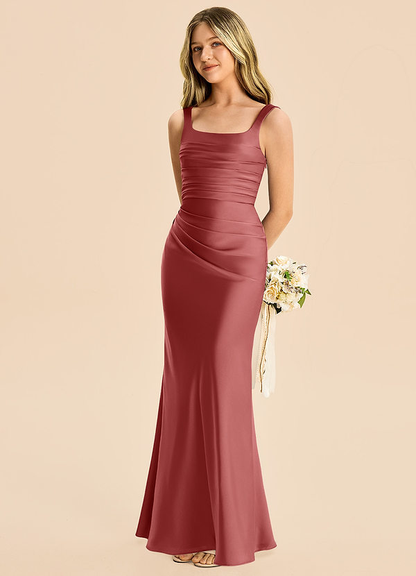 Azazie Lula Junior Antique Rose Sheath Pleated Stretch Satin Dress image1