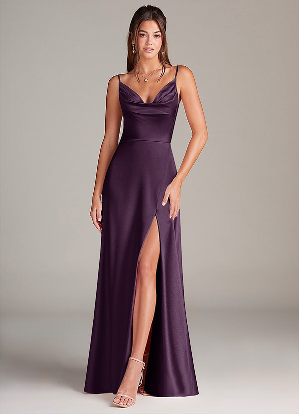 Azazie Sarella Robes Demoiselle d'honneur Robe Trapèze en Satin extensible Plissée Prune image1