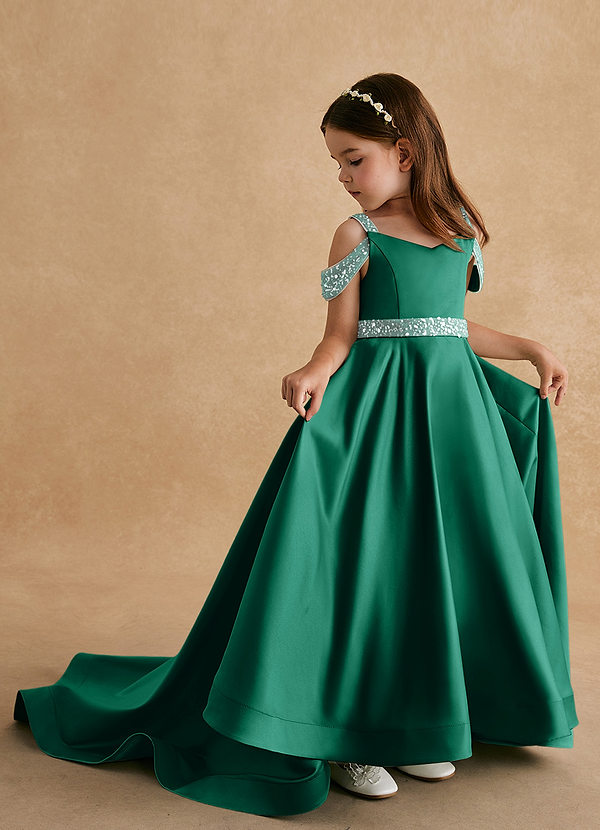 Azazie Jodi Robes de Fillette d'Honneur Robe Trapèze en Mat Satiné émeraude image1