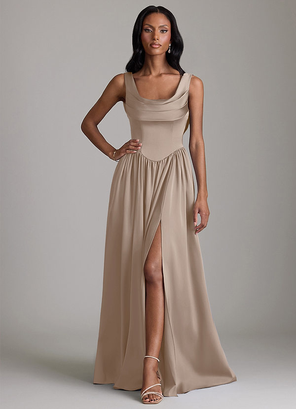 Azazie Novi Robes de demoiselle d'honneur Robe Trapèze en Satin extensible Avec poches Taupe image1