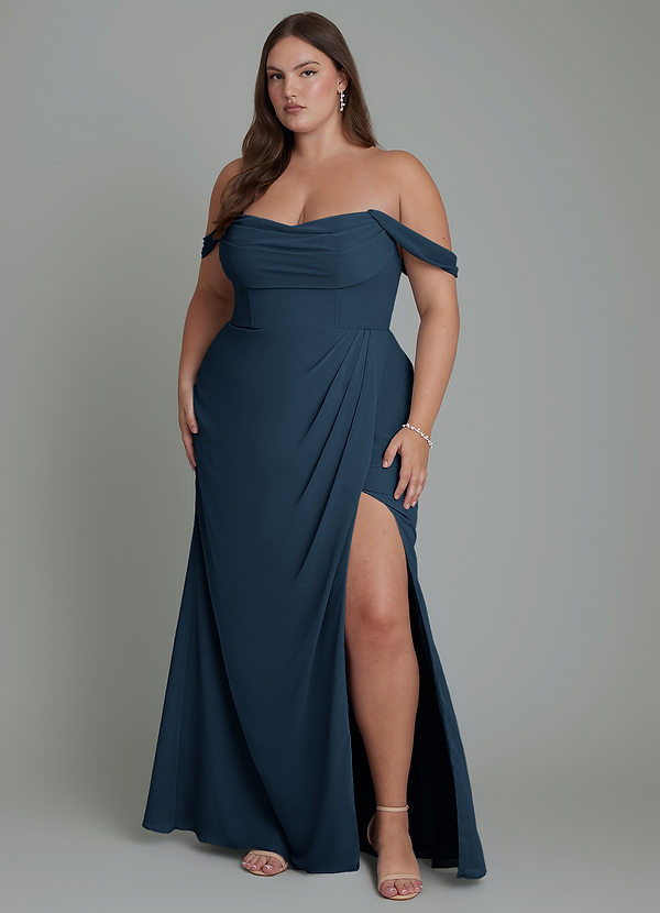 Azazie Johana Bridesmaid Dresses Dark Navy Mermaid Off the Shoulder Chiffon Convertible Dress image1