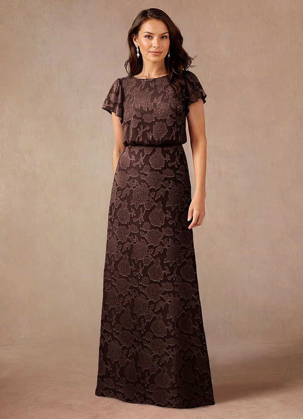 Azazie Lehi Vestidos de Madre de la Novia Vestido de Ganache de Devorado Floral de Corte en A con Cuello de barco image1