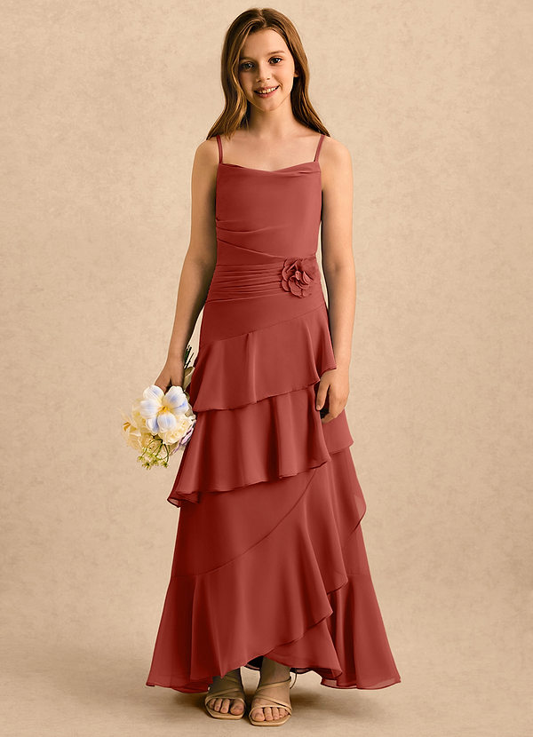 Azazie Indiah Girls Formal Sukienki dla dziewczynek sypiących kwiaty Linia A Marszczony Szyfon Długość podłogi Sukienka image1