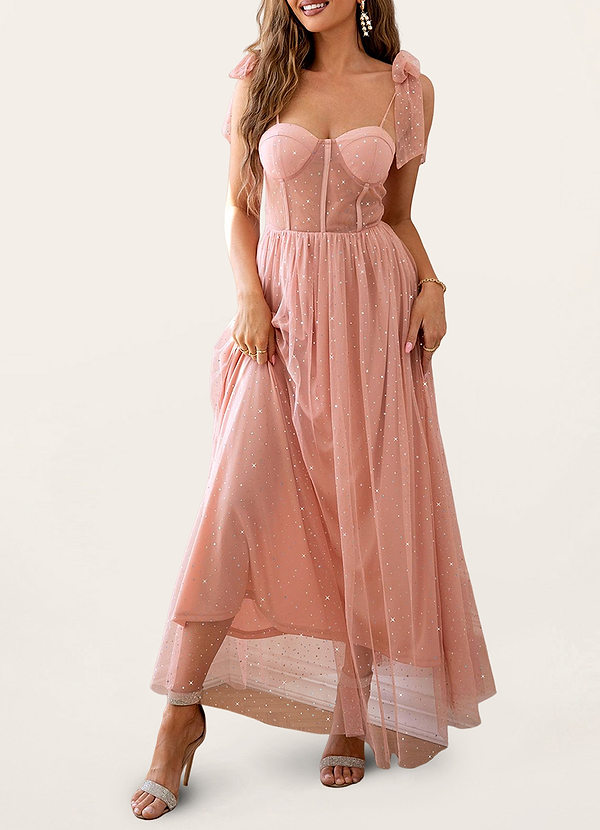 back Adoring Love Pink Sparky Tulle Bustier Sleeveless Maxi Dress