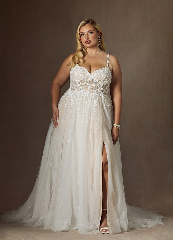 Azazie Florian Brautkleider A-Linie V-Hals Pailletten Tüll Kleid Diamantweiß Champagner image1