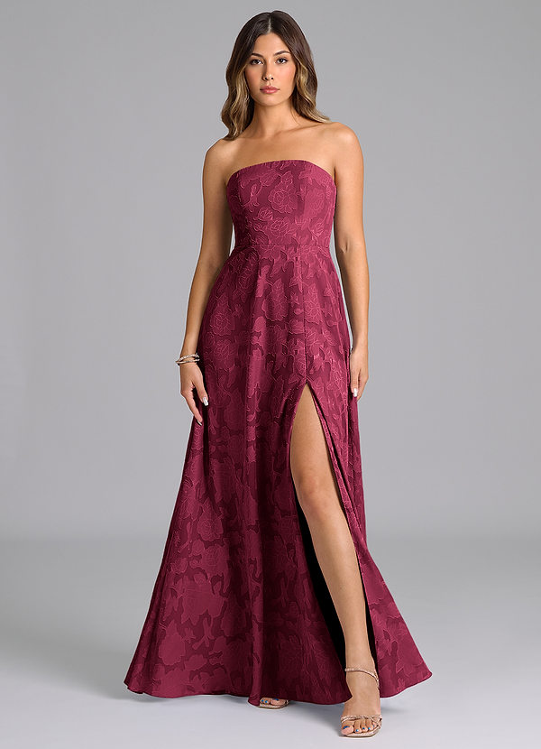 Azazie Wren Bridesmaid Dresses Burgundy A-Line Strapless Floral Burnout Dress image1