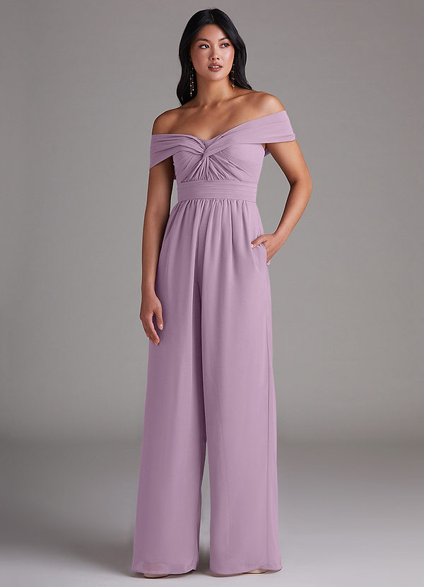 Azazie Lamara Robes Demoiselle d'honneur Combinaison Convertible en Mousseline de soie Épaule décolletée Glycine image1