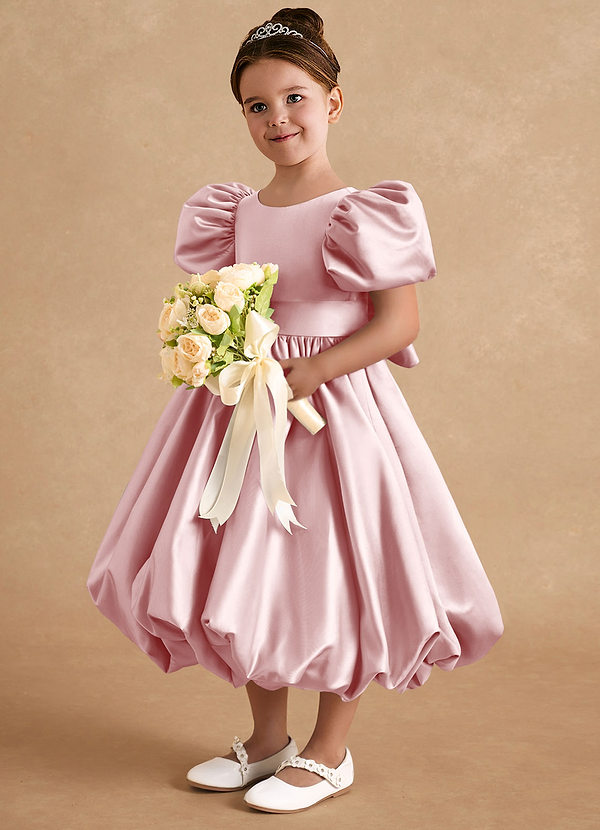 Azazie Jellybean Flower Girl Dresses Powder Pink Ball-Gown Ruched Matte Satin Dress image1