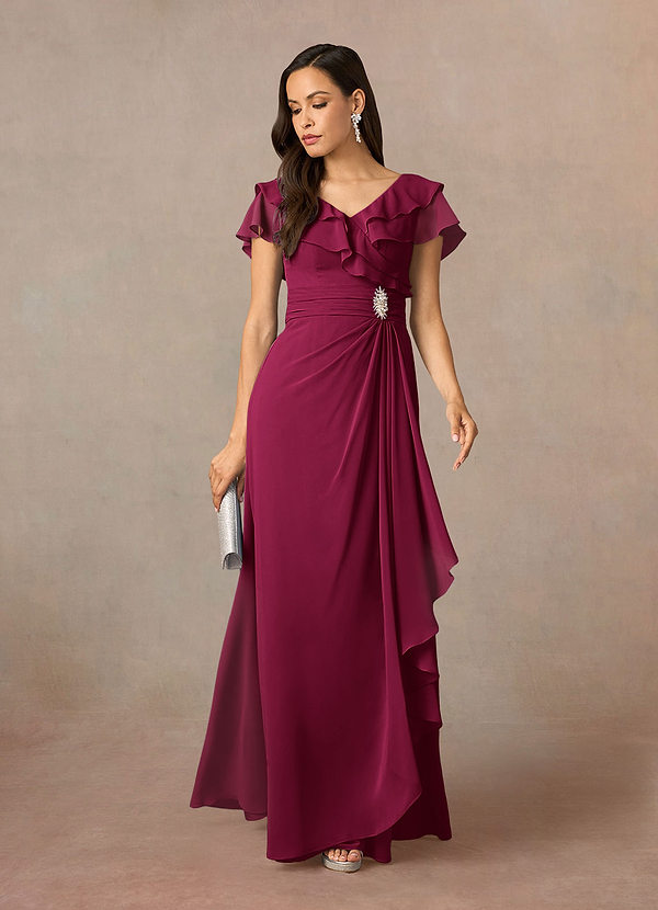 Snapdragon Mother of the Brides Dresses Burgundy A-Line V-Neck Ruched Chiffon Dress image1