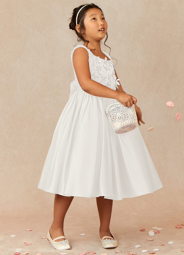 Azazie Midge Flower Girl Dresses Ivory A-Line Bow Matte Satin Dress image1