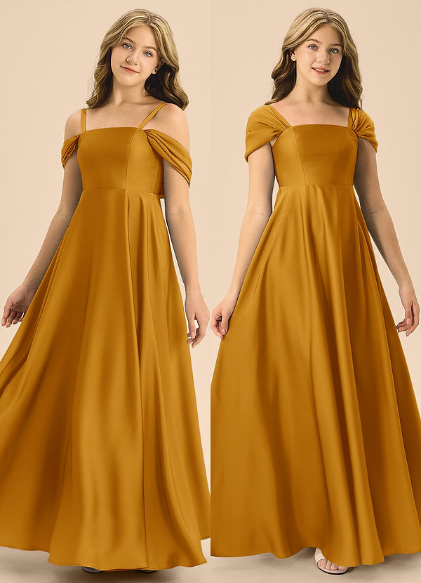 Azazie Rowena Junior Vestido de Caramelo de Satén Elástico de Corte en A con Lazo image1