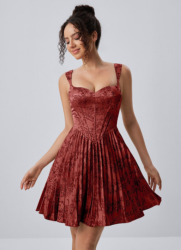 Jade Orange Red Spaghetti Strap Floral Pleated Lace-Up Mini Dress image1