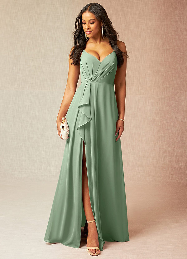 Azazie Kyedae Bridesmaid Dresses Matcha A-Line V-Neck Pleated Chiffon Dress image1