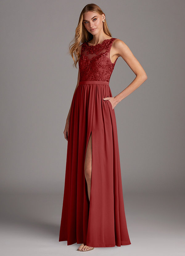 Azazie Elly Abiti da Damigella Abito A-Line in Chiffon Scollo a barchetta in pizzo Ruggine image1
