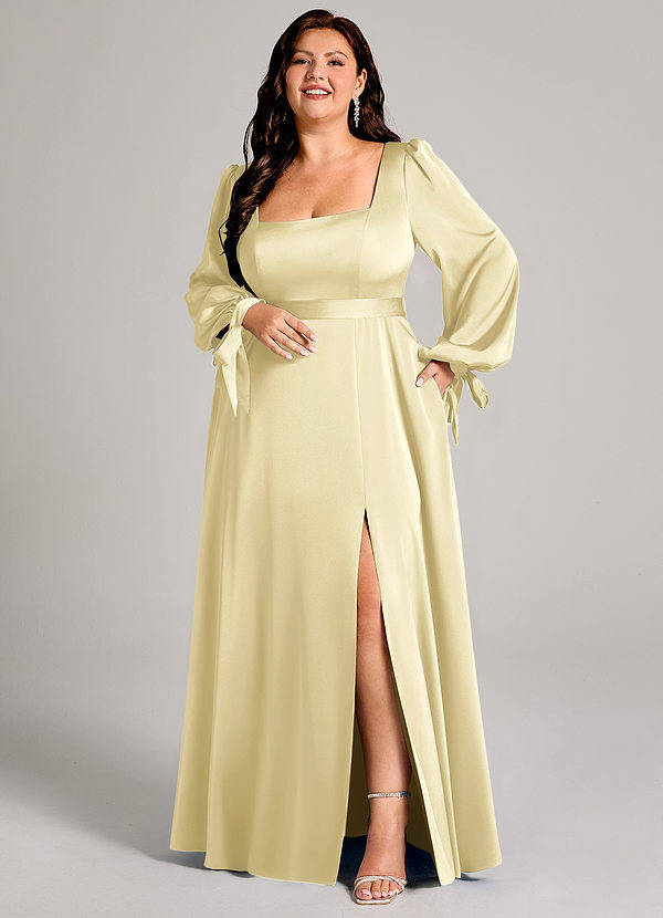 Azazie Leonia Robes Demoiselle d'honneur Robe Trapèze en Satin extensible Manche longue Sorbet Citron image1