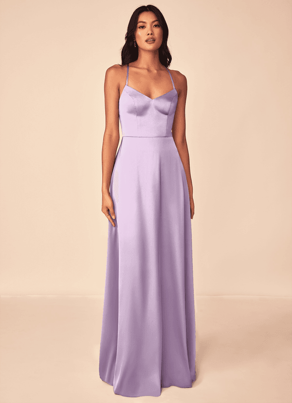Azazie Mei Bridesmaid Dresses Frosted Lilac A-Line V-Neck Stretch Satin Dress image1