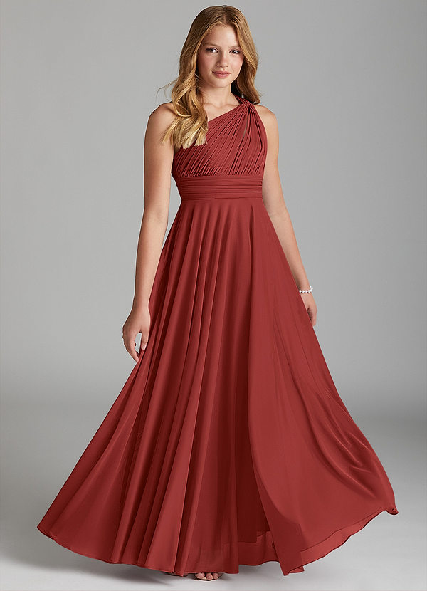Azazie Charlize Junior Rust A-Line Mesh Dress image1
