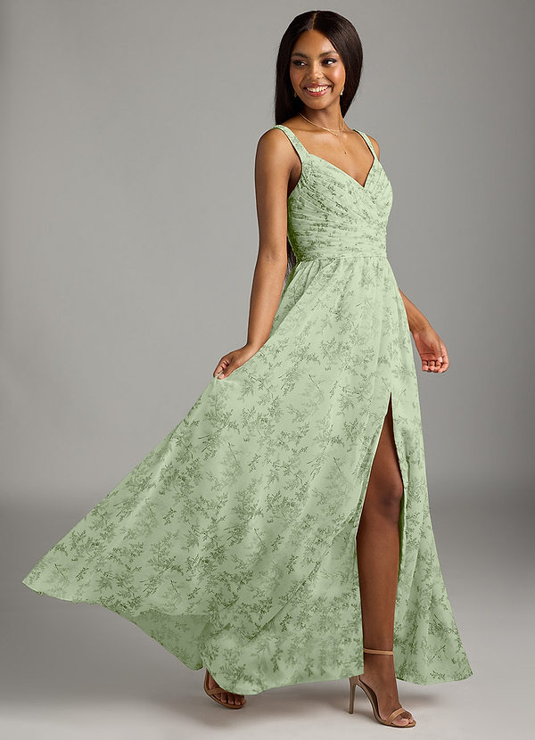 Azazie Chanel Bridesmaid Dresses Green Fern Floral A-Line Pleated Chiffon Dress image1