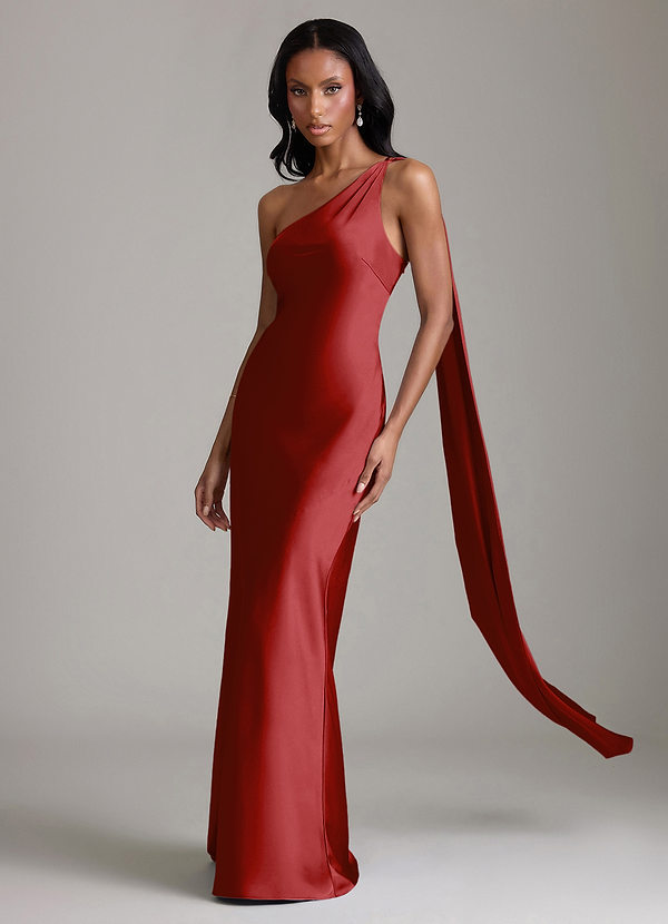 Azazie Galinda Brudtärneklänningar Klä av Sjöjungfru i Stretch Satin Ena axeln Granatäpple image1