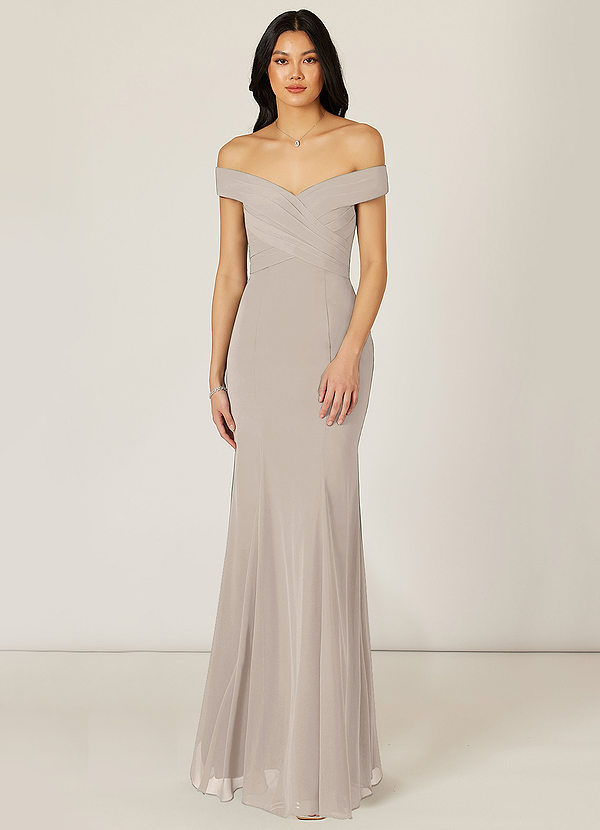 Azazie Lecia Bridesmaid Dresses Empire Off-The-ShoulerPleated Chiffon Floor-Length Dress image1