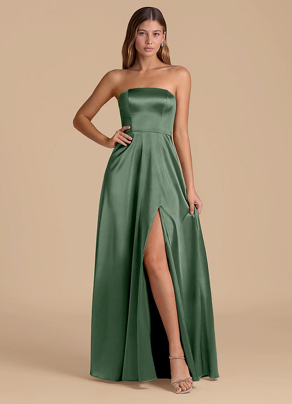 Azazie Wren 신부 들러리 드레스 A라인 스트랩리스 메탈릭 새틴 바닥 길이 드레스 image1